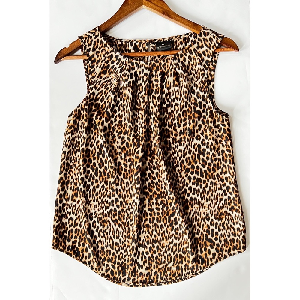 Worthington Sz Xs Sleeveless Animal Print Blouse Black and Brown Top